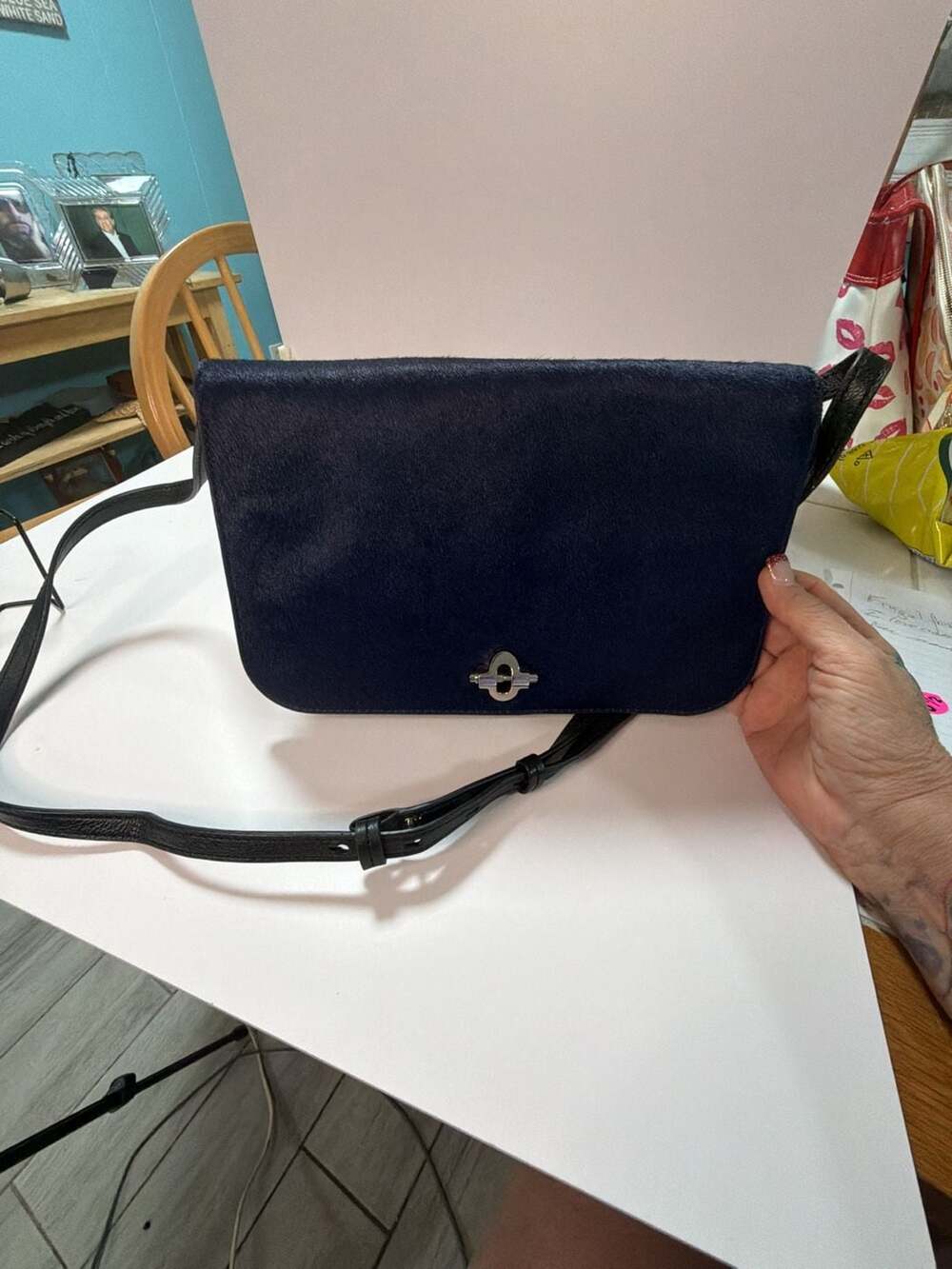 Banana Republic navy blue hair-on-hide leather flap crossbody bag